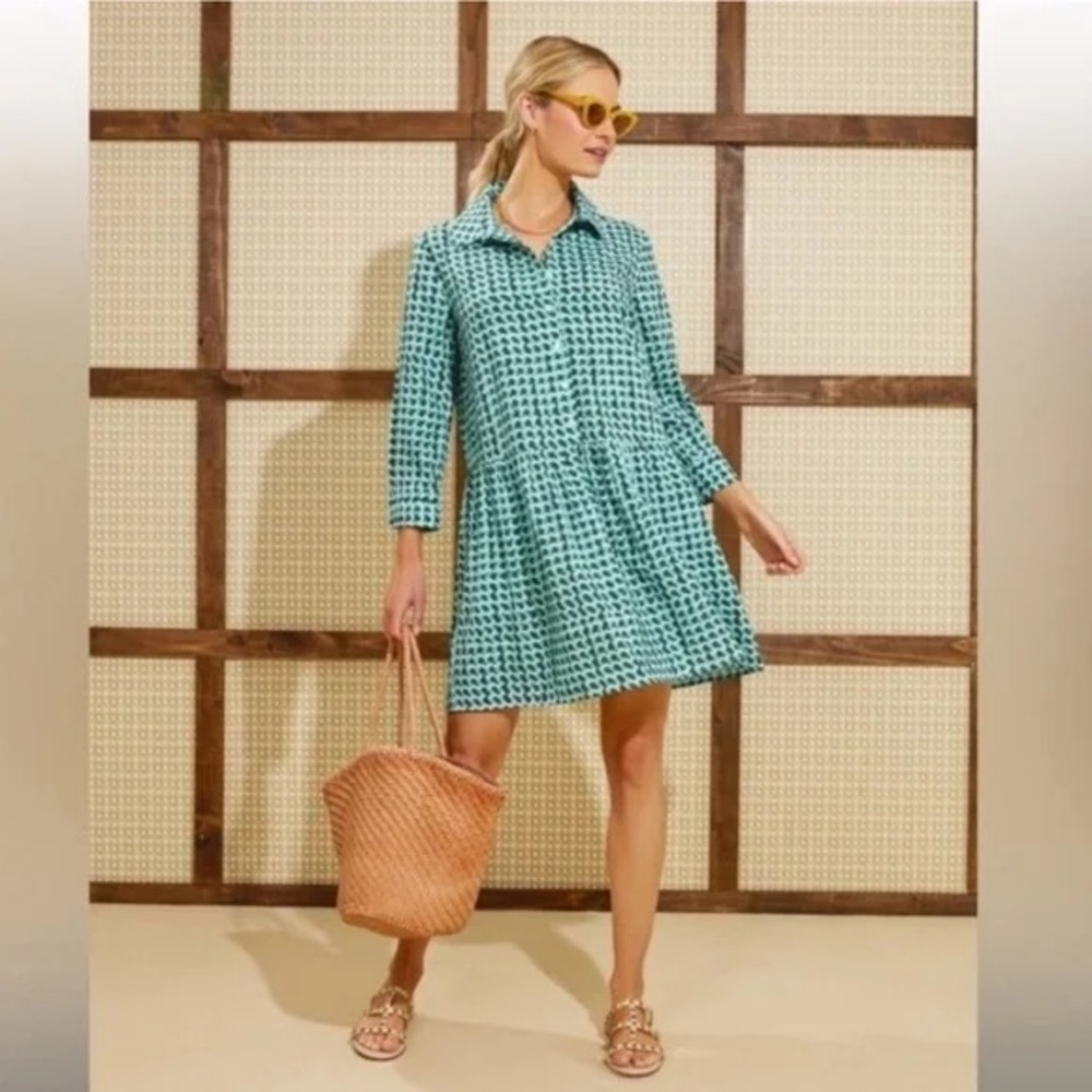 Tuckernuck Teal & White Printed Long-Sleeve Tiered Shirt Dress